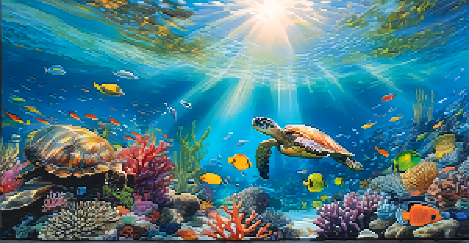 An underwater coral reef with colorful fish and plants illuminated by sunlight.
