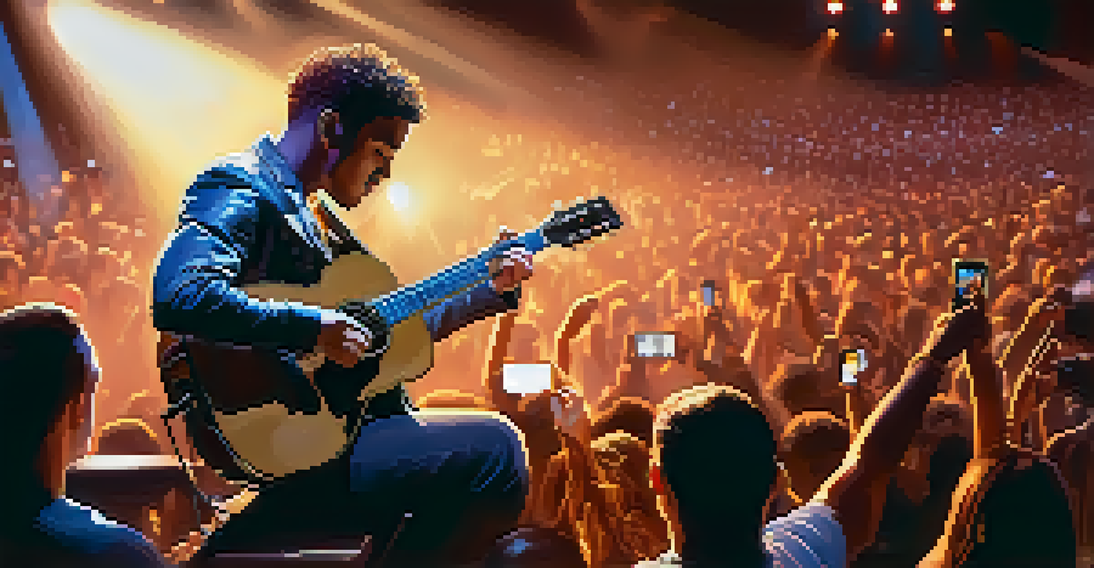 A musician performing on stage with bright lights and an engaged audience capturing the moment.