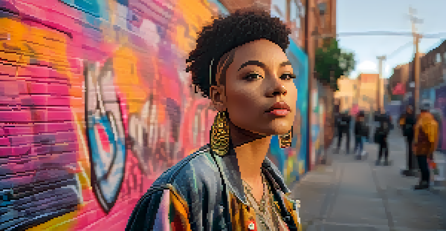 A confident trans individual standing in front of colorful graffiti art in an urban setting at sunset.