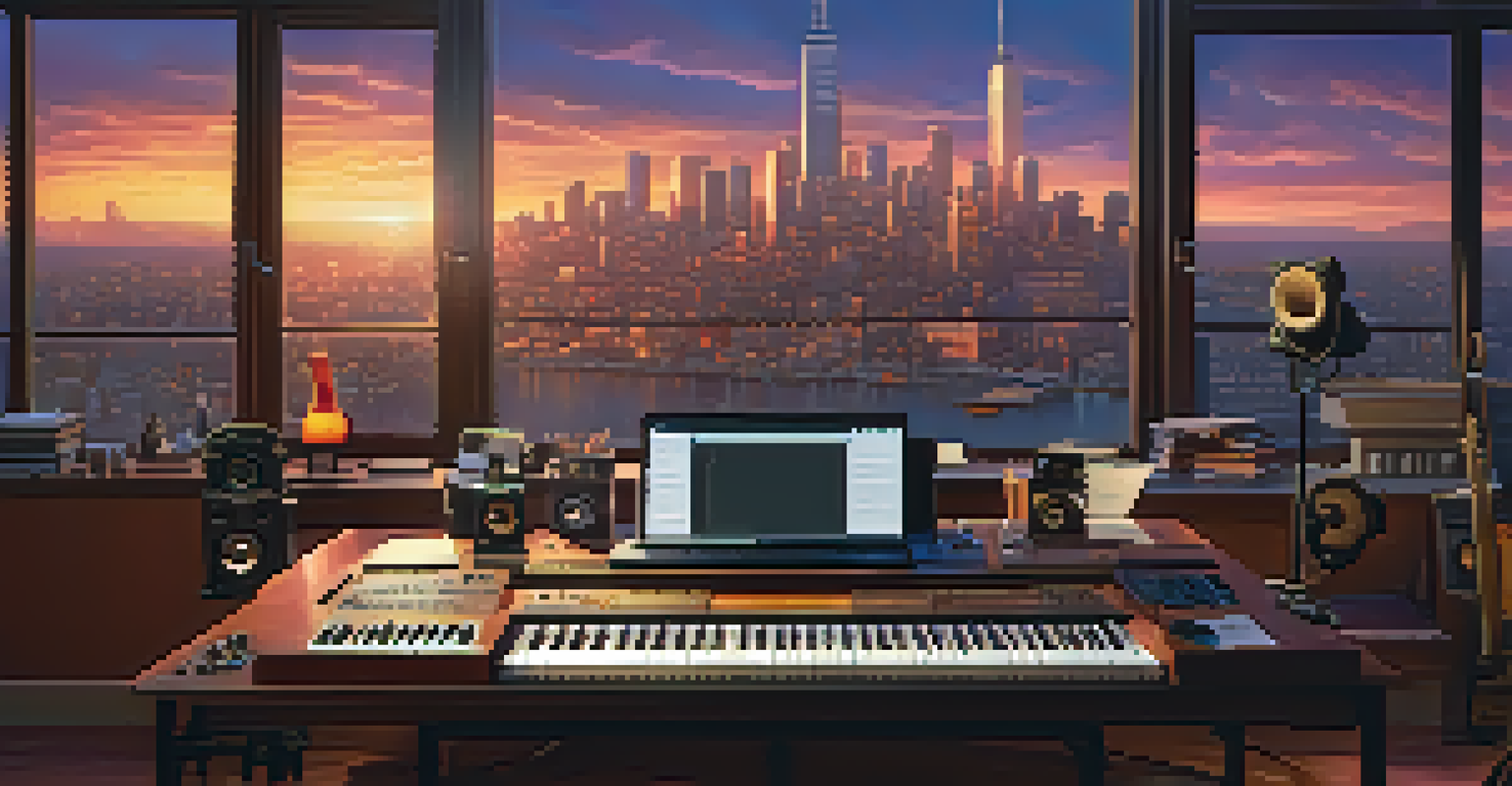 A composer in a studio surrounded by instruments and sound equipment, working on a film score.