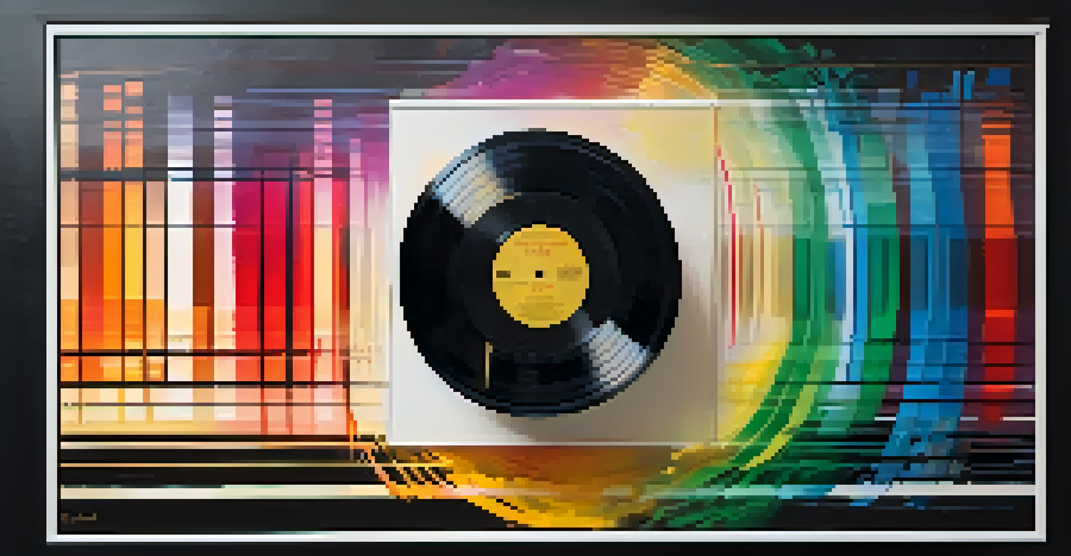 An abstract image of colorful sound waves superimposed over a film reel and musical notes, representing sound in cinema.