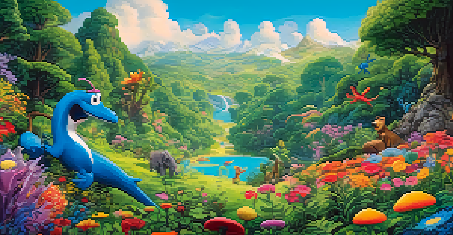 A colorful landscape with a cheerful character interacting with animated creatures in a lush green forest under a bright blue sky.