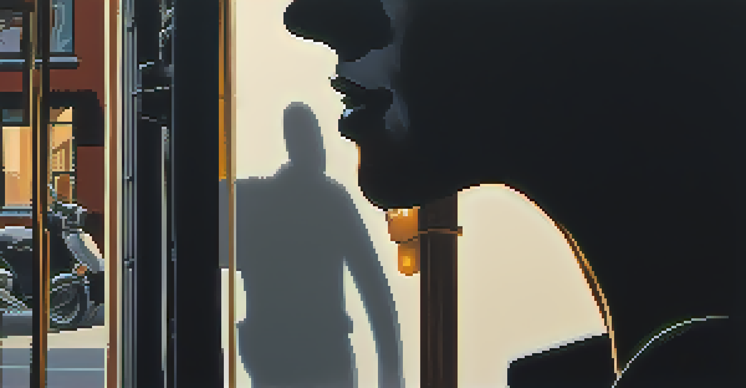 Close-up of a character's face in shadow, illuminated by a streetlight on one side, depicting an expression of moral conflict.