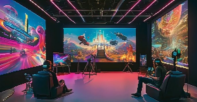 A busy immersive cinema studio with creators using advanced technology and vibrant lighting.