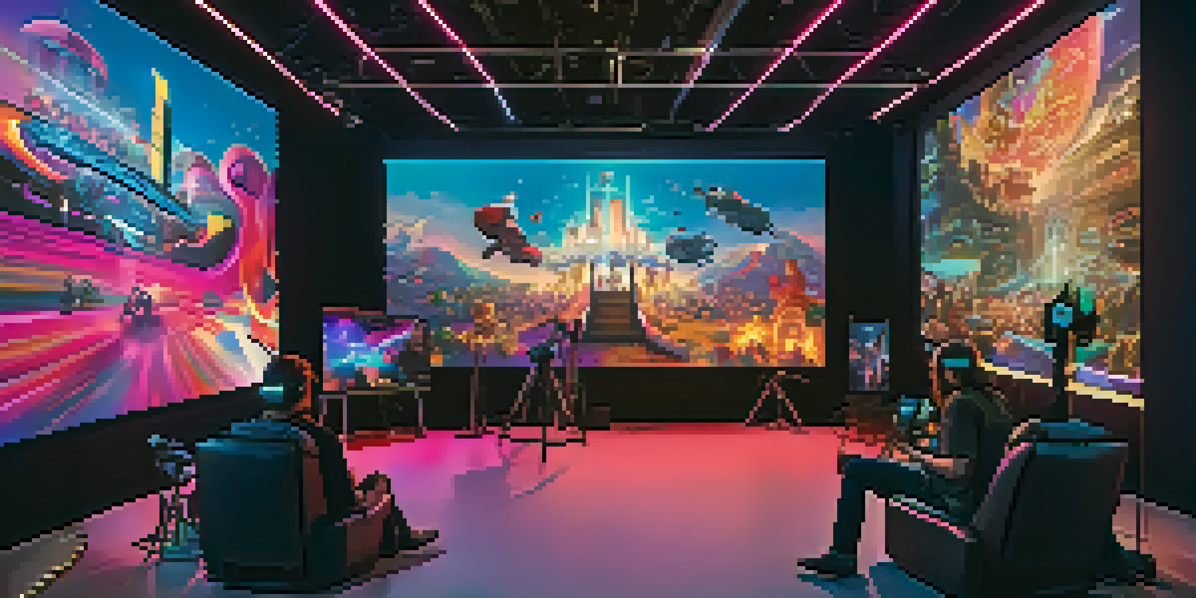 A busy immersive cinema studio with creators using advanced technology and vibrant lighting.