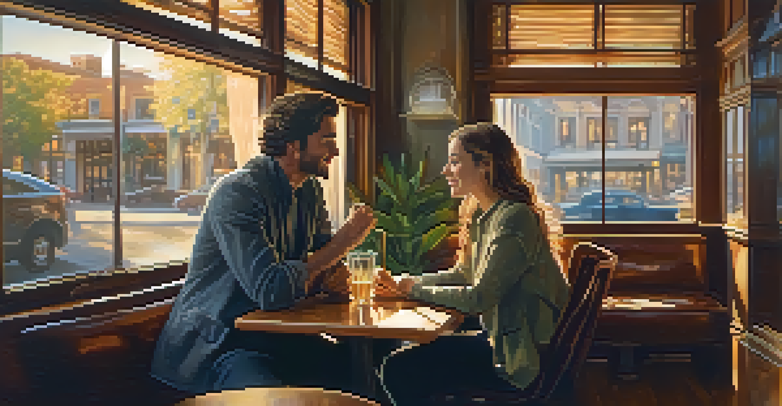 Two characters in a cozy café having a meaningful conversation, surrounded by warm lighting and intimate decor.