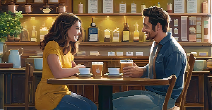 A couple enjoying coffee and laughing in a cozy café filled with books and warm lighting.