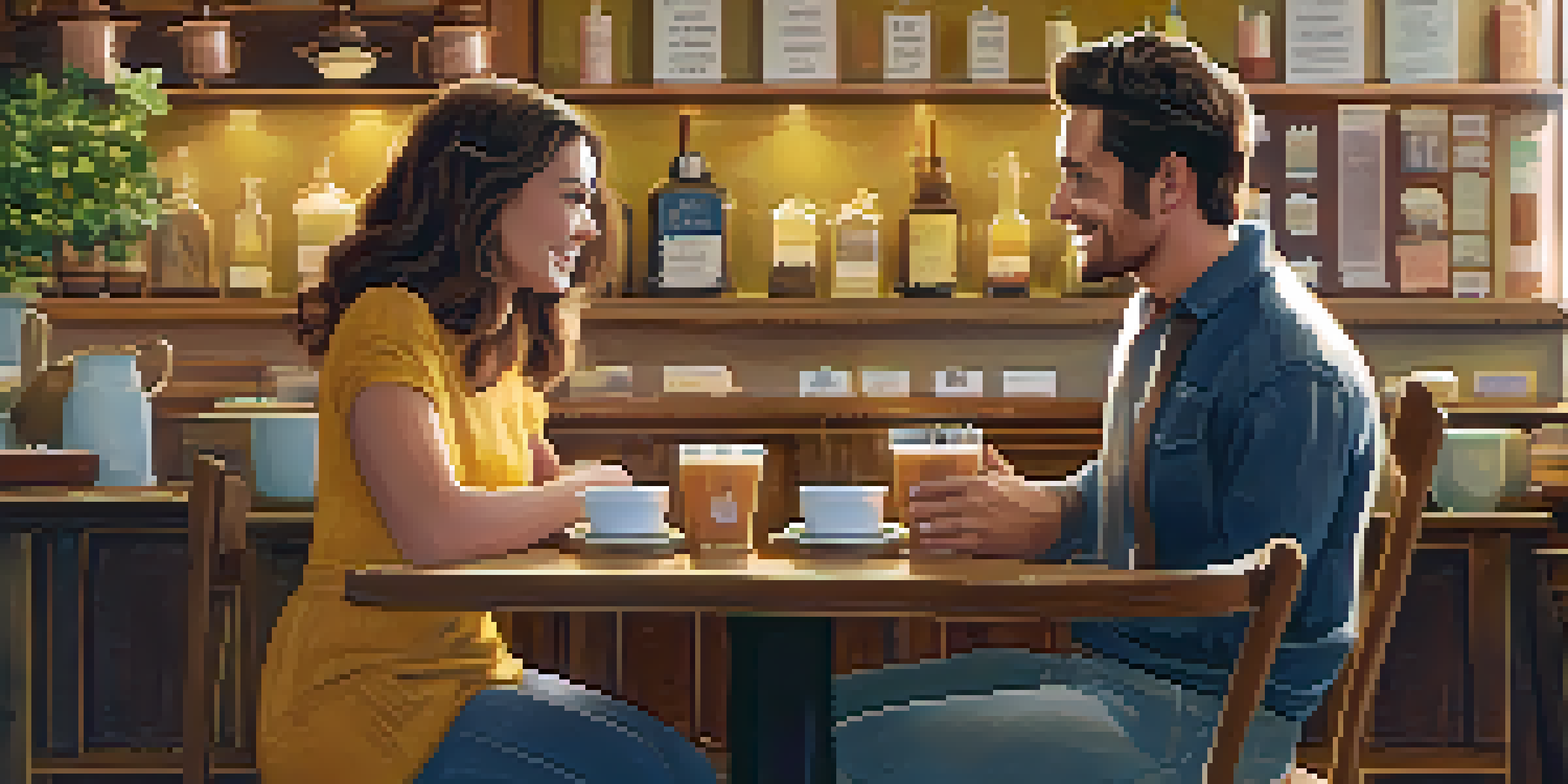 A couple enjoying coffee and laughing in a cozy café filled with books and warm lighting.