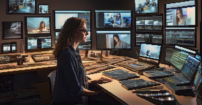 A female film editor working in a modern studio, surrounded by computer screens with raw footage, adjusting color grading settings.