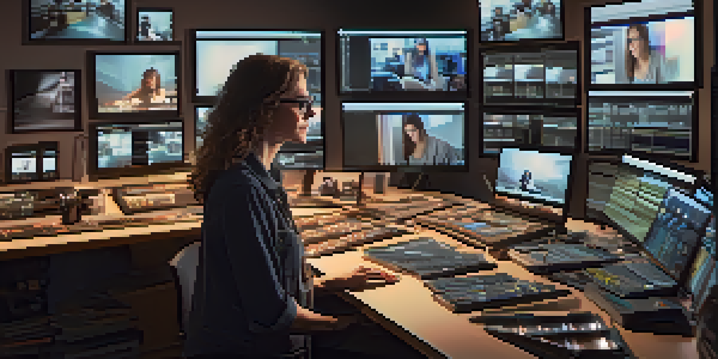 A female film editor working in a modern studio, surrounded by computer screens with raw footage, adjusting color grading settings.