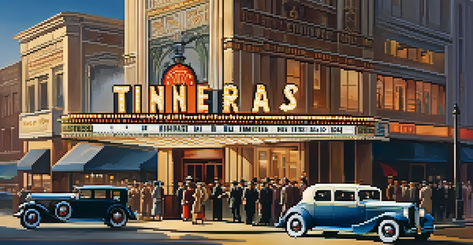 A vintage cinema theater from the 1920s with a marquee, warmly lit and bustling with stylish patrons.
