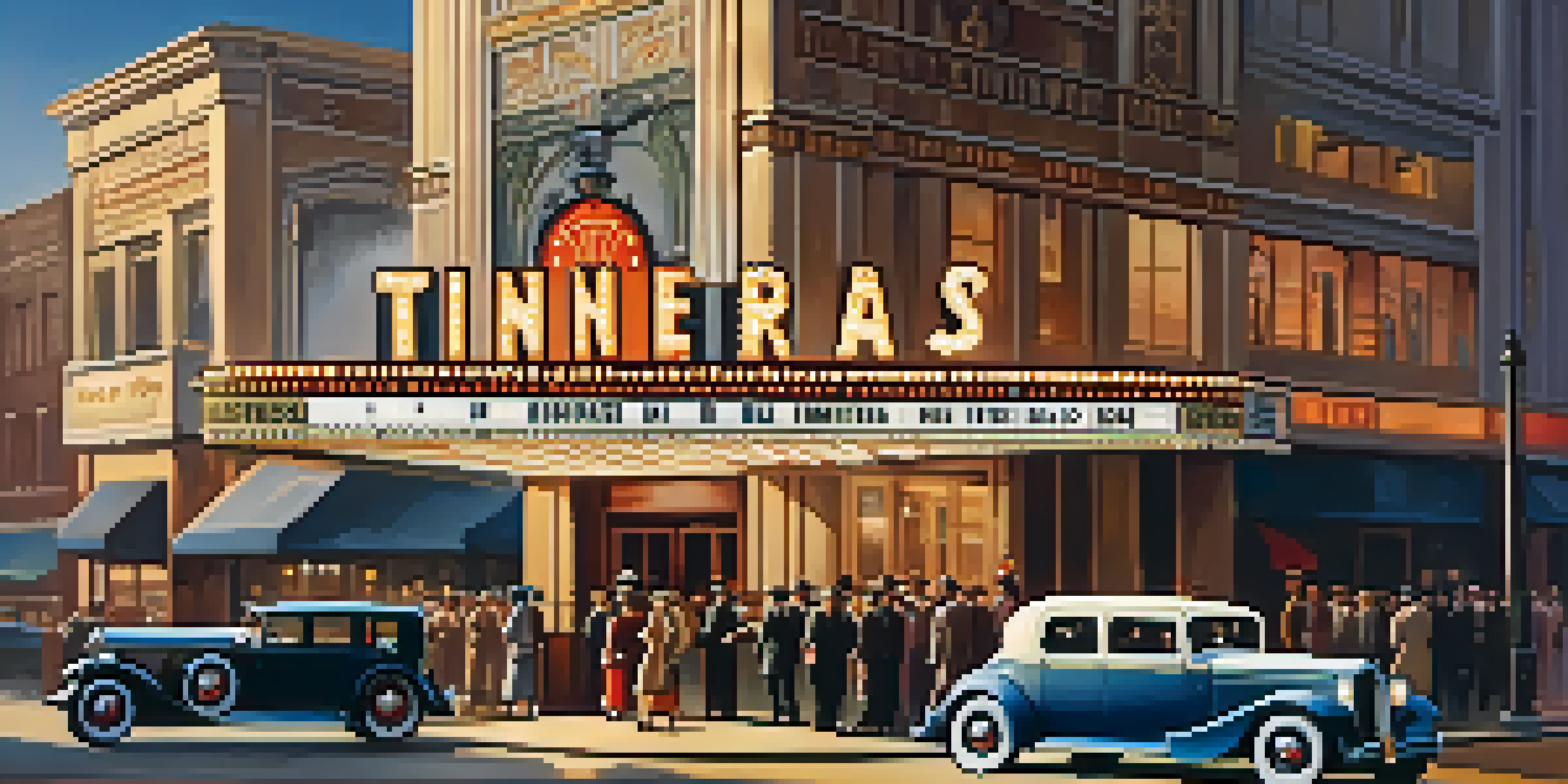 A vintage cinema theater from the 1920s with a marquee, warmly lit and bustling with stylish patrons.