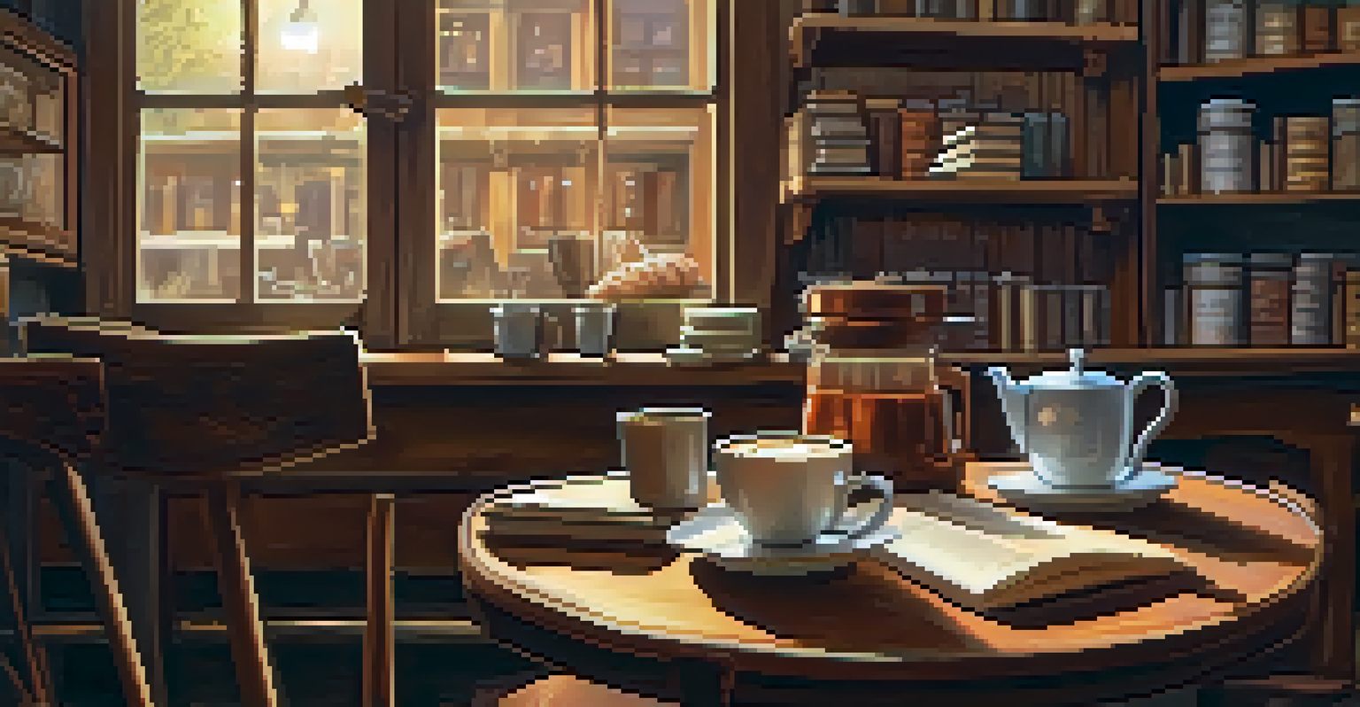 A cozy coffee shop interior with warm lighting, wooden furniture, and a cup of coffee on a table.