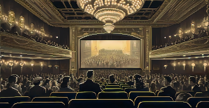 A vintage silent film theater with moviegoers in early 20th-century attire, watching a black and white film on a large screen, surrounded by ornate decorations and soft golden light.