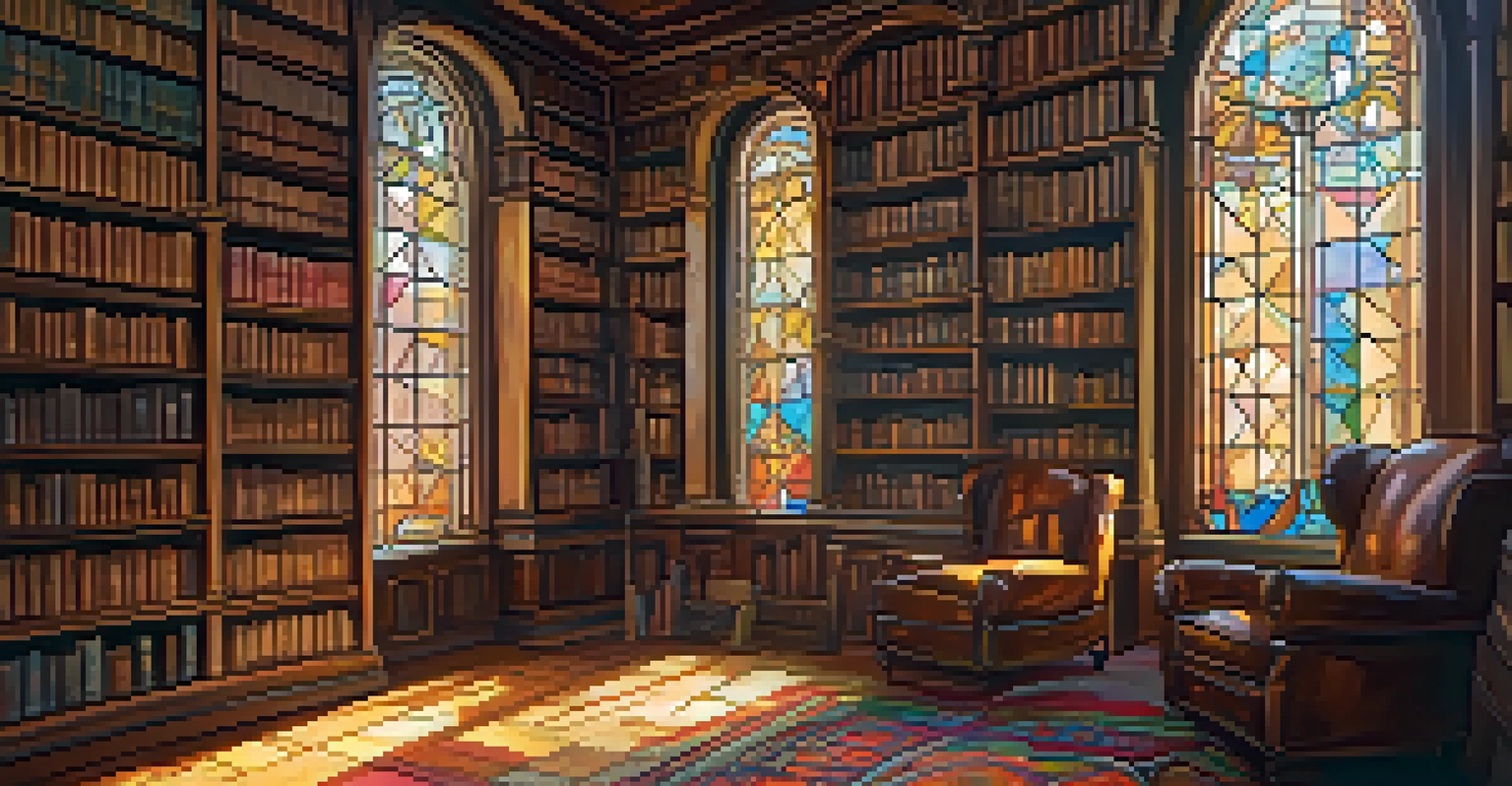 An old library with wooden shelves full of books, stained glass windows, and a cozy reading nook.