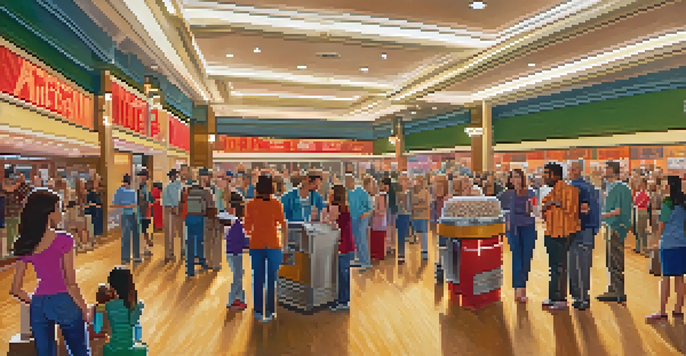 A lively movie theater lobby with a diverse crowd of people discussing films, vibrant posters, and a popcorn machine.