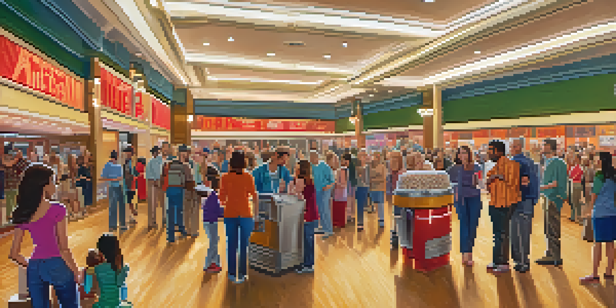 A lively movie theater lobby with a diverse crowd of people discussing films, vibrant posters, and a popcorn machine.