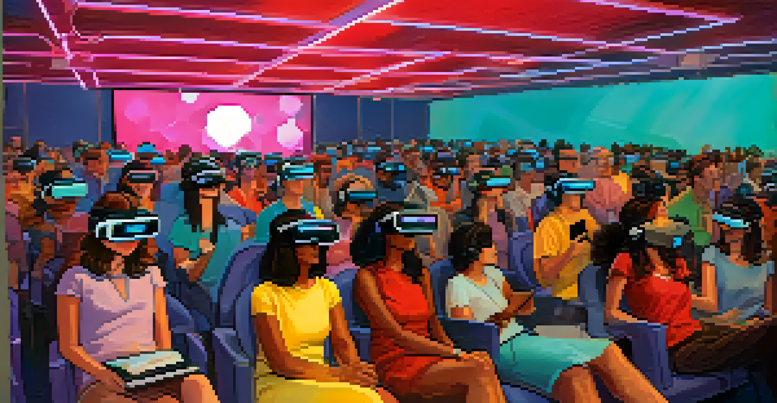 Audience members wearing VR headsets at a film festival, immersed in a vibrant virtual reality experience.