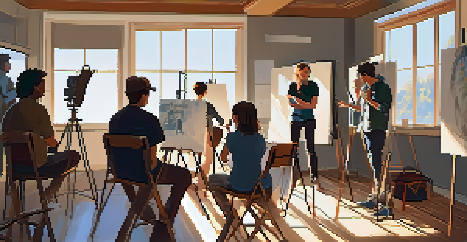 An experienced filmmaker mentoring young filmmakers in a cozy workshop with natural light and film equipment.