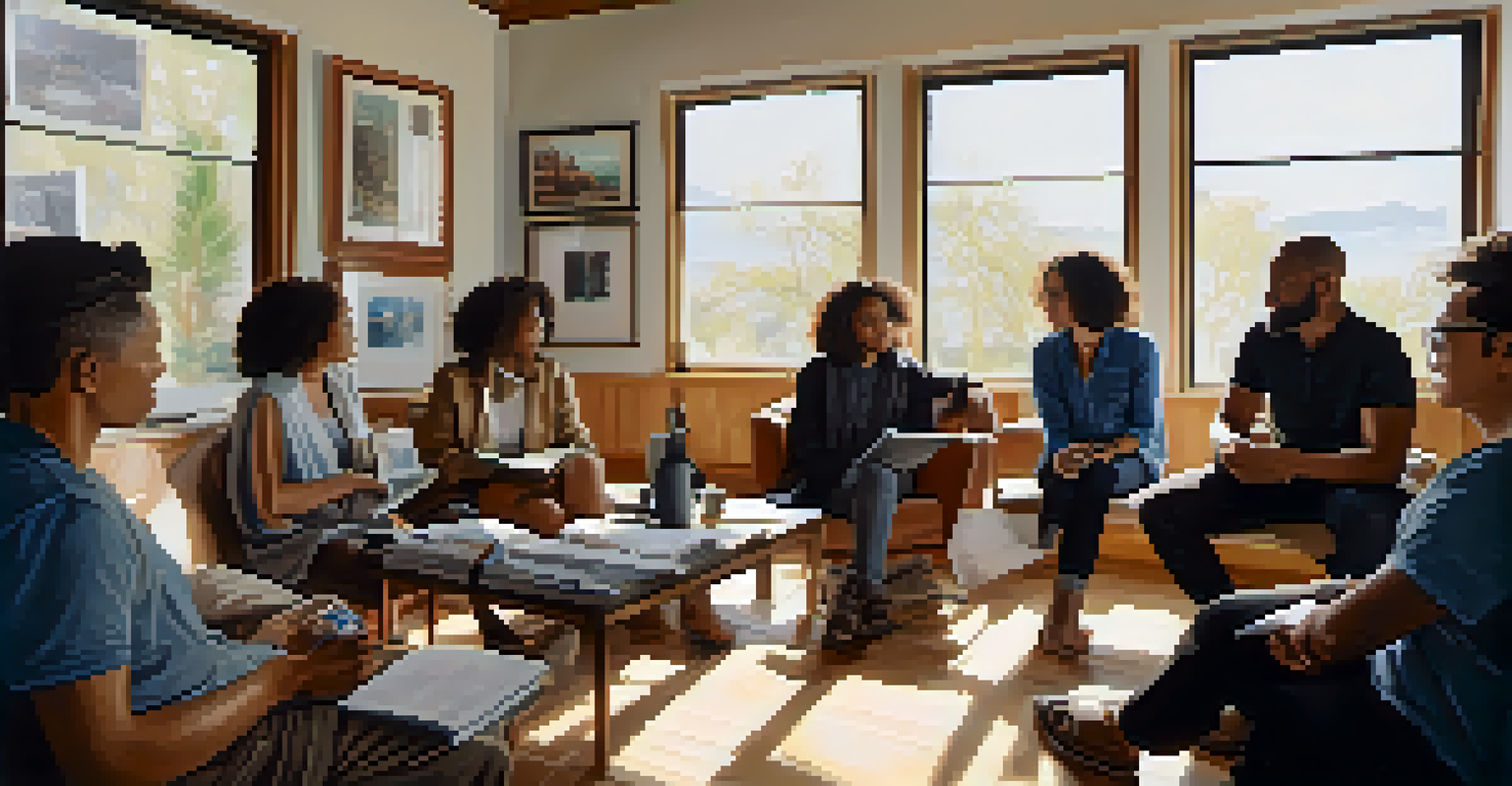 A filmmaker and a diverse group of people engaged in a discussion, with natural light creating a warm atmosphere.