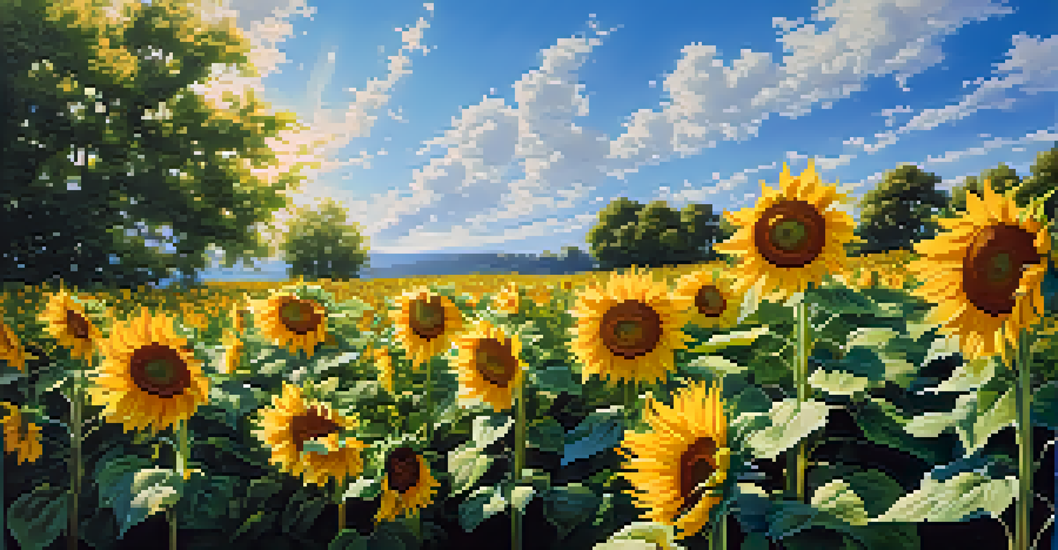 A sunny field of bright yellow sunflowers under a clear blue sky, with green leaves swaying in the breeze.