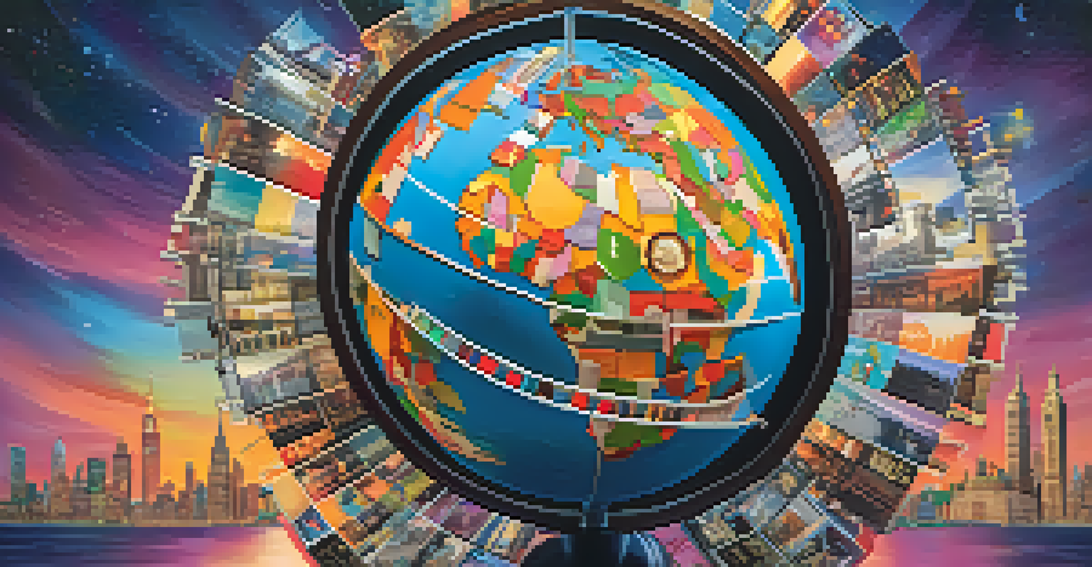 A globe surrounded by film reels and streaming icons, illuminated with colorful lights, representing global storytelling.