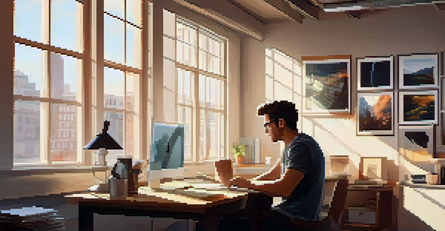 A modern workspace with a film critic reviewing a movie on a laptop, surrounded by notebooks and coffee cups, with natural light streaming in.