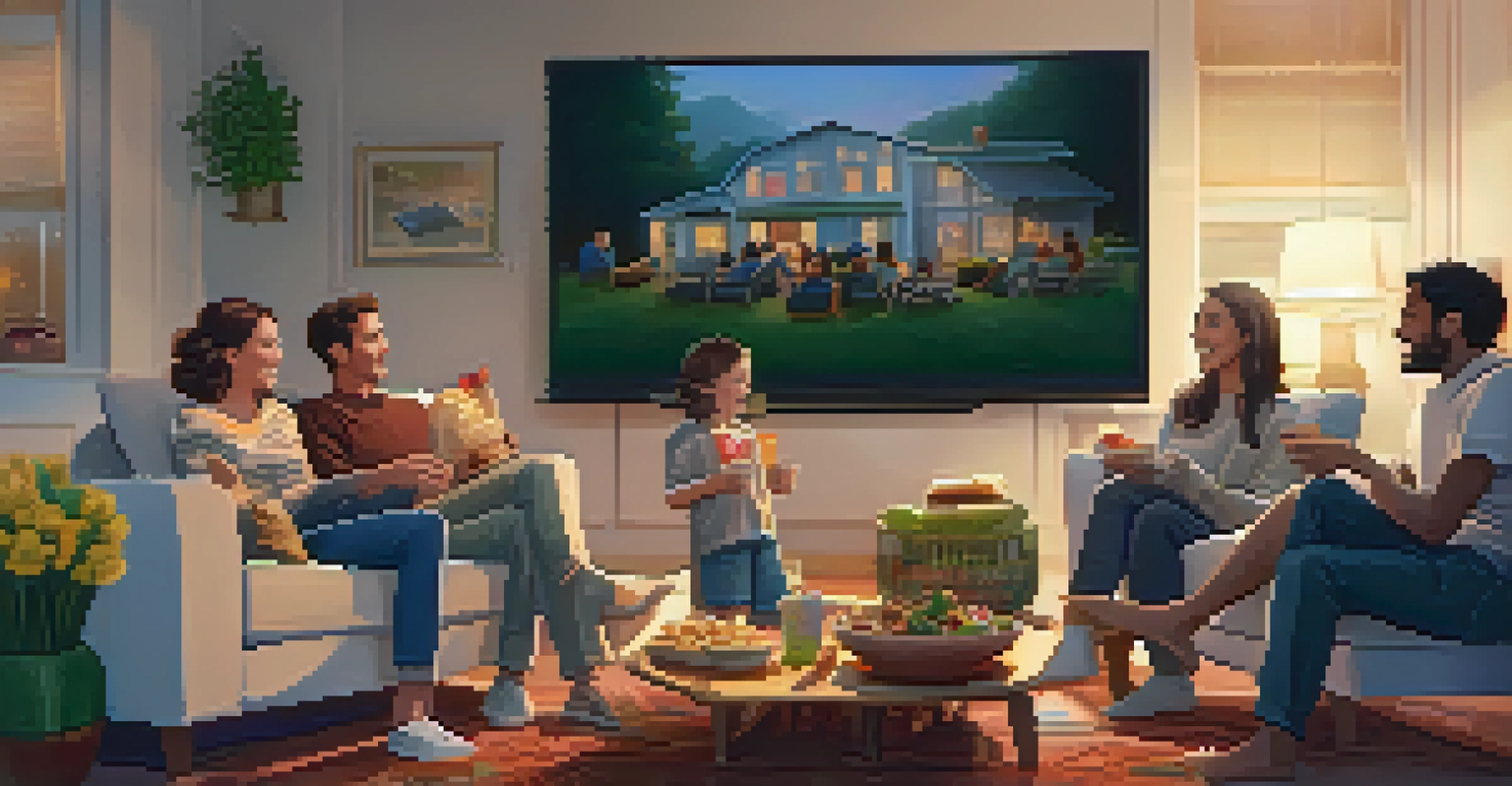 A family enjoying a short film together in a warmly lit living room.
