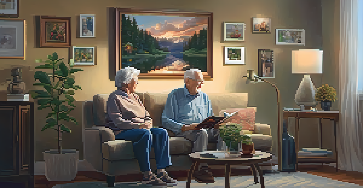 A caregiver and an elderly man sharing a joyful moment while listening to music in a cozy living room.