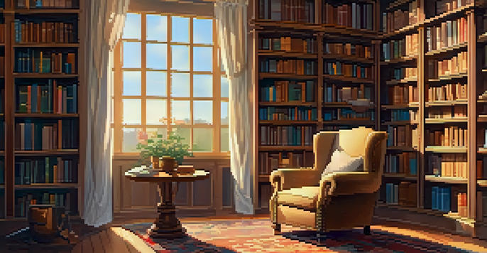 A cozy home library with bookshelves, an armchair, a cup of tea, and warm lighting.