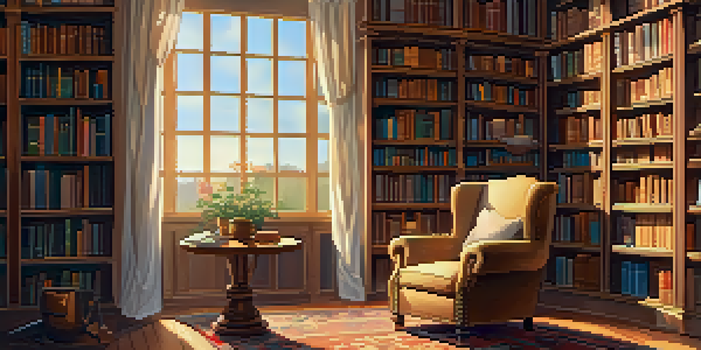 A cozy home library with bookshelves, an armchair, a cup of tea, and warm lighting.
