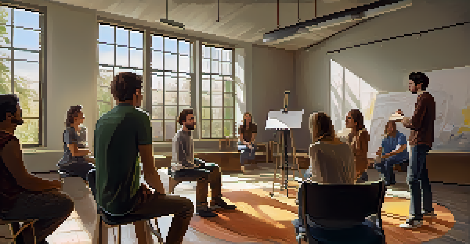 A group of actors collaborating and improvising in a rehearsal, showcasing teamwork and creativity in a bright room.