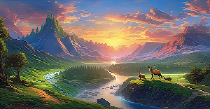 A colorful fantasy landscape with mountains, valleys, and a sunset, featuring a river and mythical creatures.