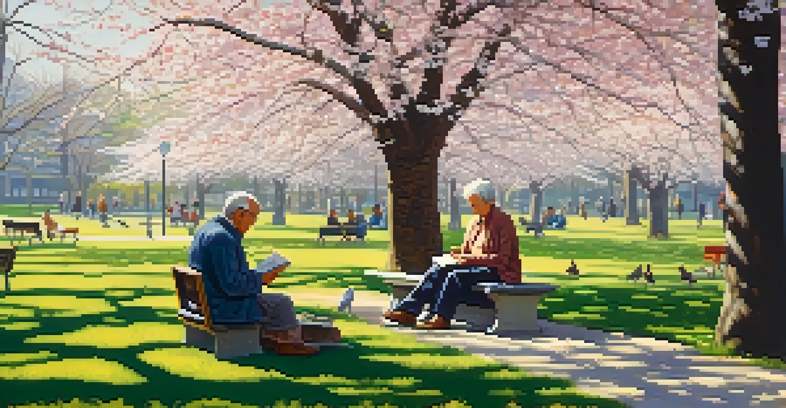 A peaceful park with cherry blossoms, a couple reading, children playing, and an elderly man feeding birds under sunlight.