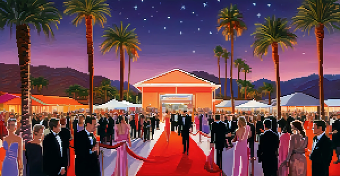 A lively red carpet event at the Palm Springs International Film Festival with filmmakers and celebrities posing, palm trees, and a colorful evening sky.