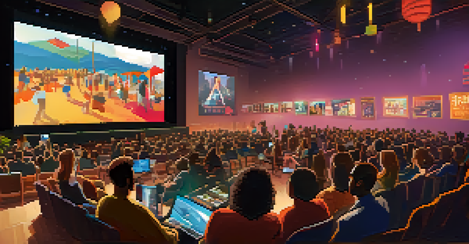 A vibrant film festival live streaming event with an audience watching a large screen and interacting on their devices.