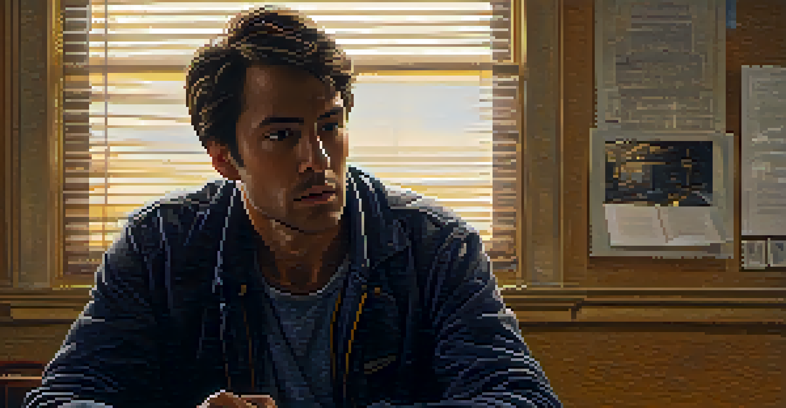 A close-up of a man in a dimly lit room, looking distressed as he contemplates a difficult decision, surrounded by scattered papers and a ticking clock.