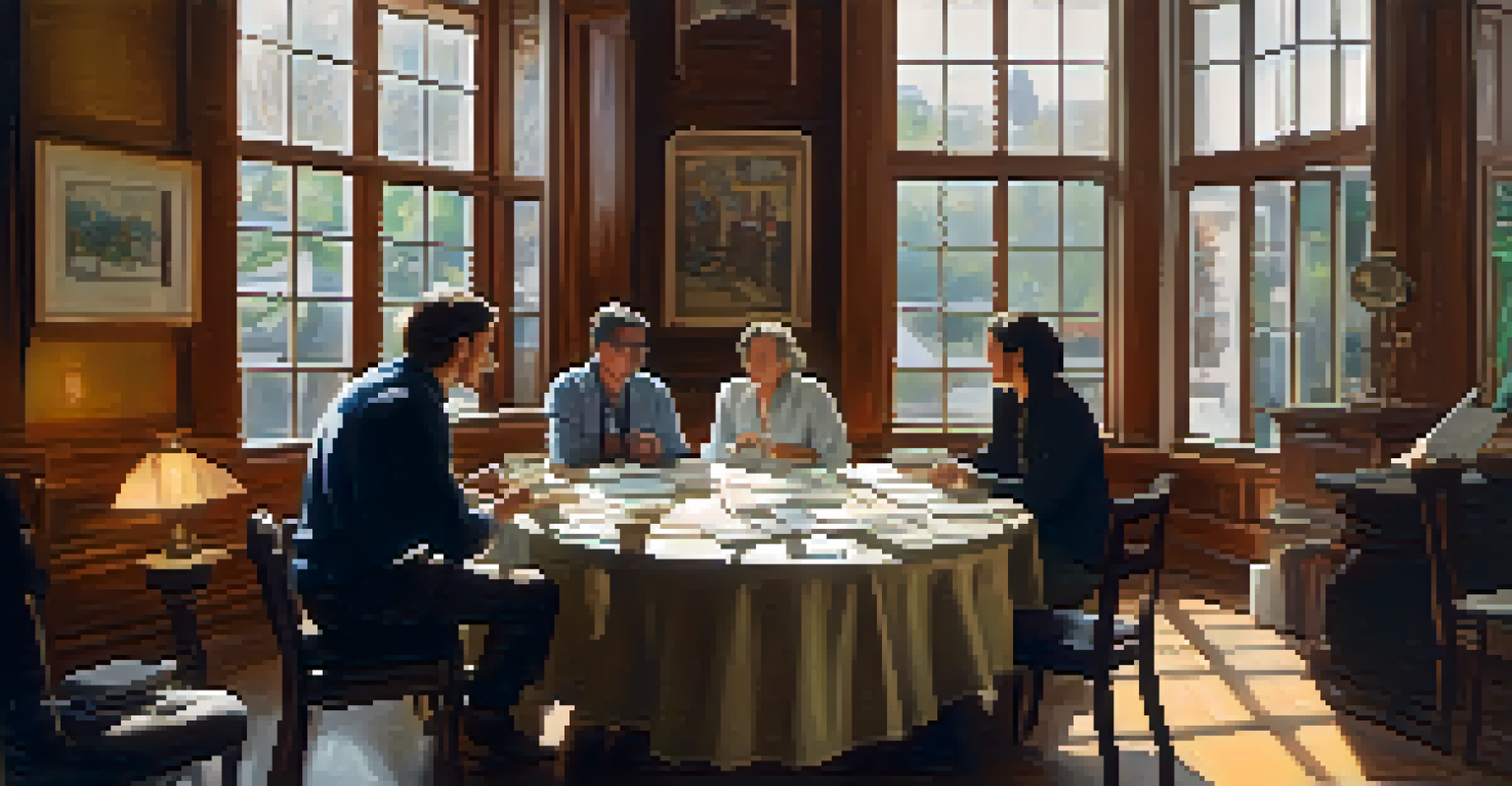 A filmmaker and cultural consultants engaged in a discussion around a table filled with notes and cultural artifacts, in a warmly lit room.