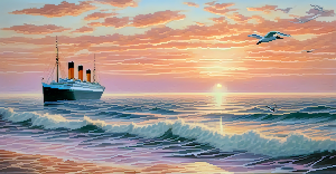 A peaceful ocean scene at sunrise with a ship resembling the Titanic sailing on calm waters, surrounded by soft orange and pink hues in the sky.