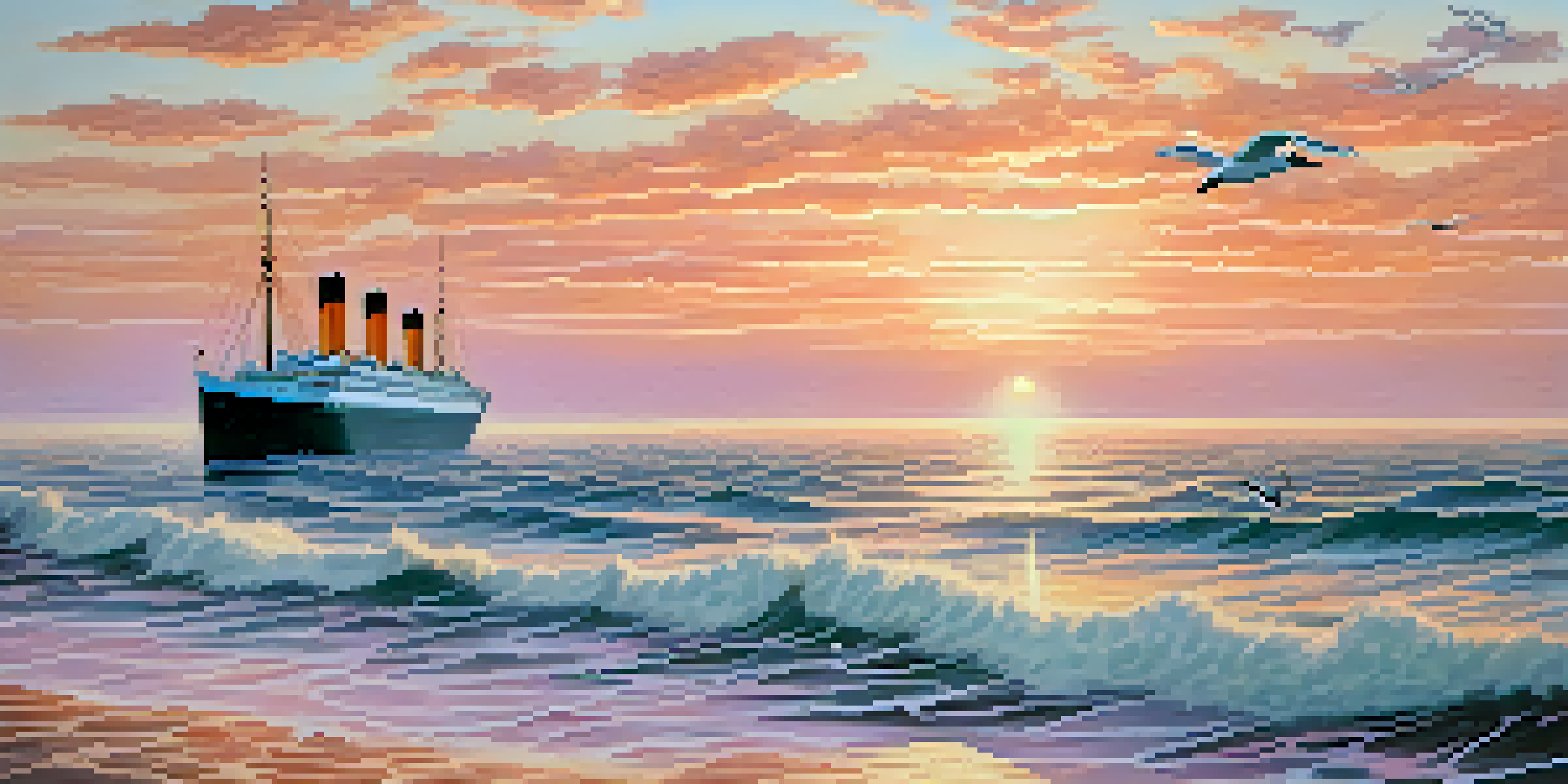 A peaceful ocean scene at sunrise with a ship resembling the Titanic sailing on calm waters, surrounded by soft orange and pink hues in the sky.