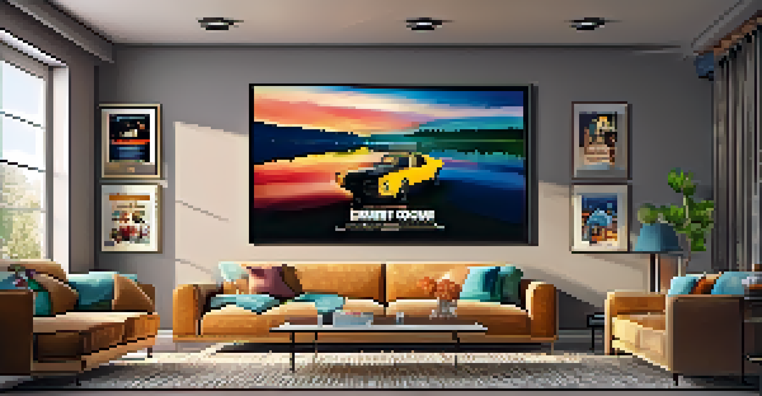 A cozy modern living room with a large screen displaying a movie quote, popcorn and drinks on the coffee table.