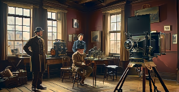 A vintage filmmaking studio from the late 19th century, showcasing a motion picture camera and early filmmakers in period clothing under warm lighting.
