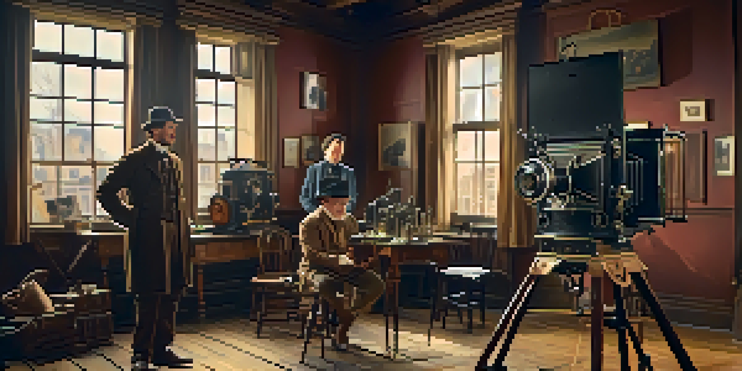 A vintage filmmaking studio from the late 19th century, showcasing a motion picture camera and early filmmakers in period clothing under warm lighting.