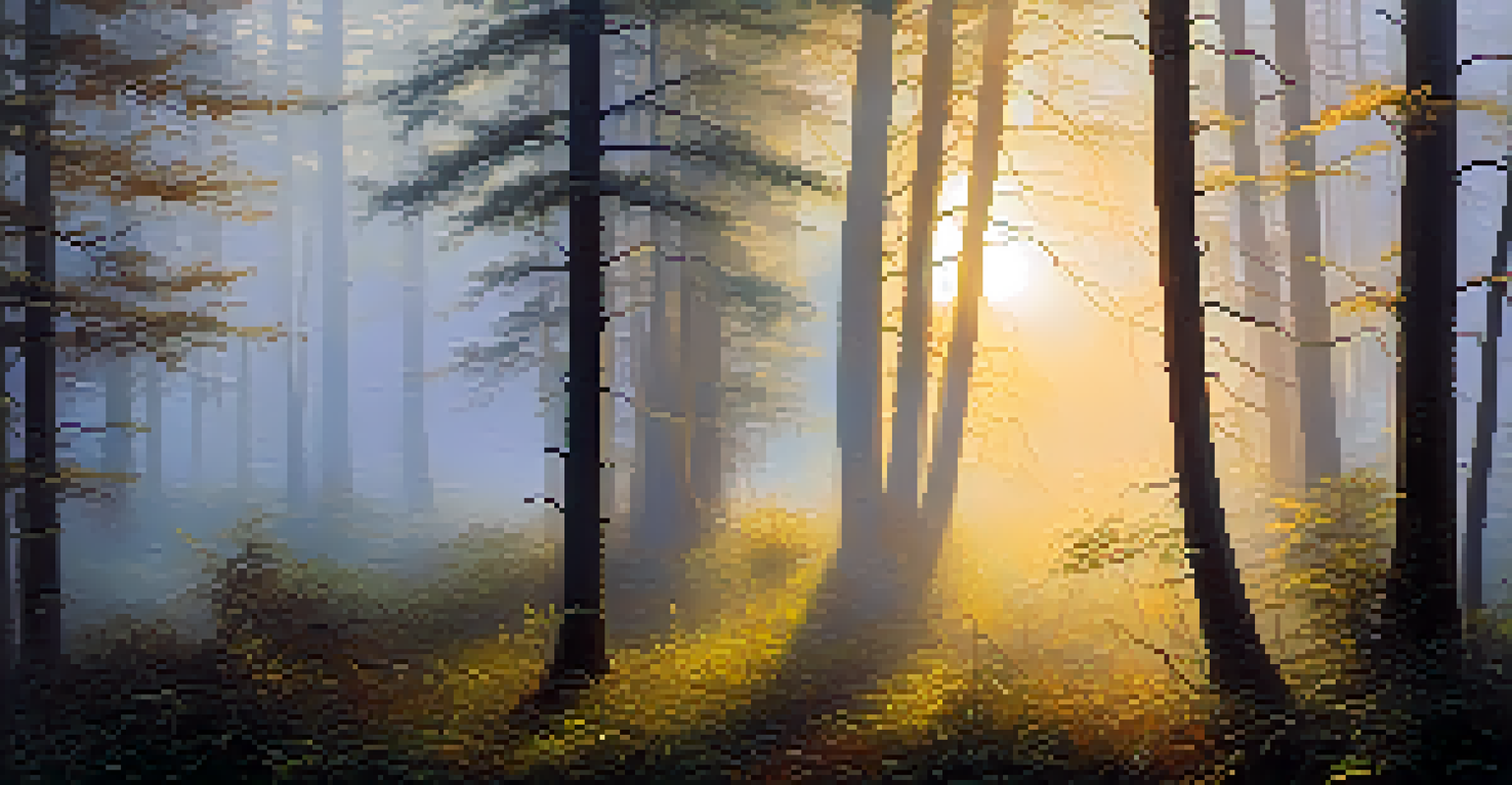 A misty forest at dawn with golden sunlight filtering through the trees, creating a tranquil atmosphere.