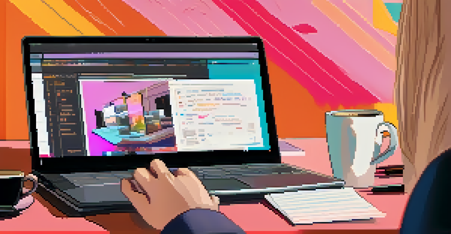 A close-up of a film critic typing on a laptop, with a coffee cup and notepad next to them, and a video essay displayed on the screen.