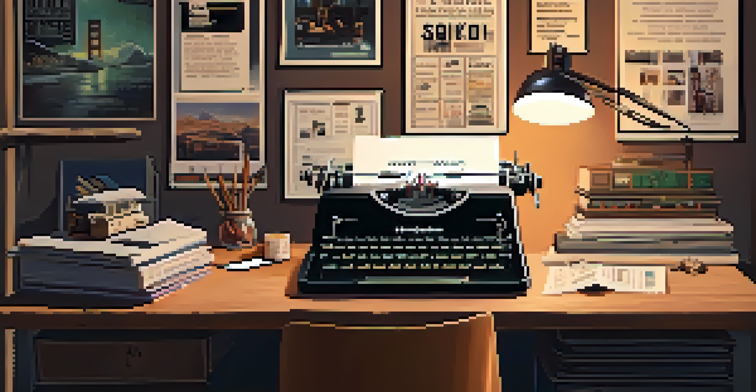 A filmmaker's workspace featuring a vintage typewriter, storyboards, and a laptop amidst inspiring movie posters and soft lighting.