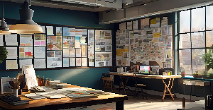 A vibrant creative workspace with a large storyboard filled with sketches, natural light, and a cluttered desk.