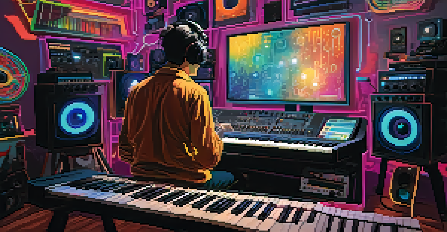A modern film composer working in a studio filled with synthesizers and electronic instruments, surrounded by colorful soundwave visualizations.