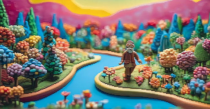 A colorful stop motion animation scene with a clay character dancing in a bright landscape with trees and flowers.