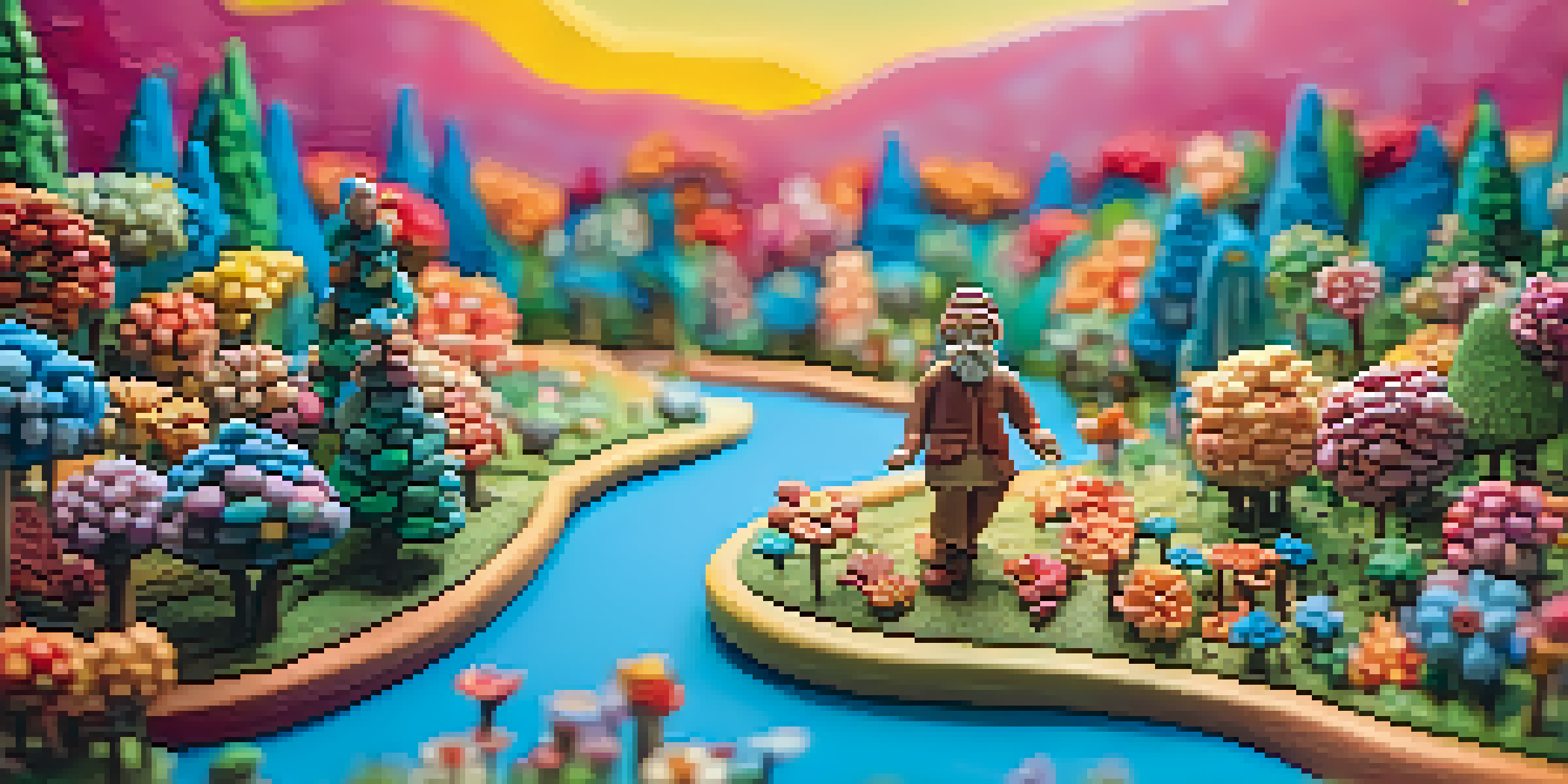 A colorful stop motion animation scene with a clay character dancing in a bright landscape with trees and flowers.